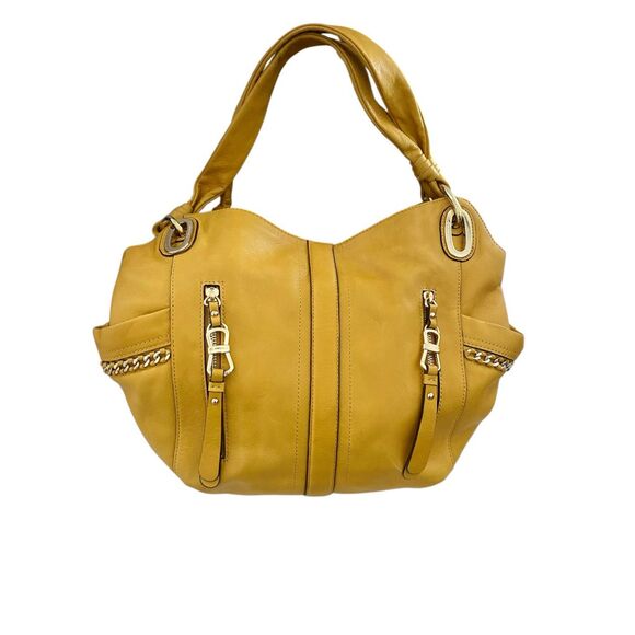 B. Makowsky Womens Leather Chain Detailed Shoulder Bag Yellow Large Handbag - Picture 1 of 15